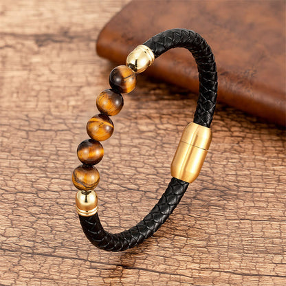 Buddhist Blessing Blue Agate Tiger Eye Lava Rock Black Onyx Lazurite Bead Protection Leather Bracelet