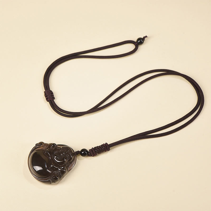 Buddhist Blessing Natural Black Obsidian Ice Obsidian Laughing Buddha Purification Necklace Pendant