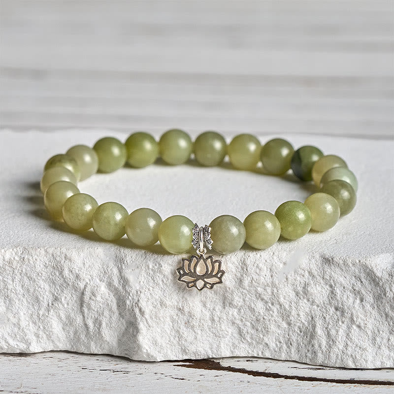 Buddhist Blessing 925 Sterling Silver Lotus Natural Cyan Jade Luck Bracelet