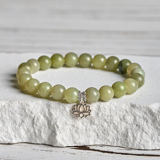 Buddhist Blessing 925 Sterling Silver Lotus Natural Cyan Jade Luck Bracelet
