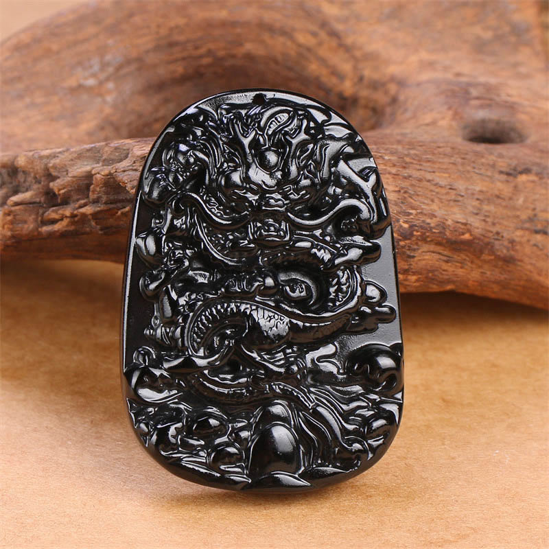 Buddhist Blessing Black Obsidian Dragon Carved Luck Protection Necklace Pendant