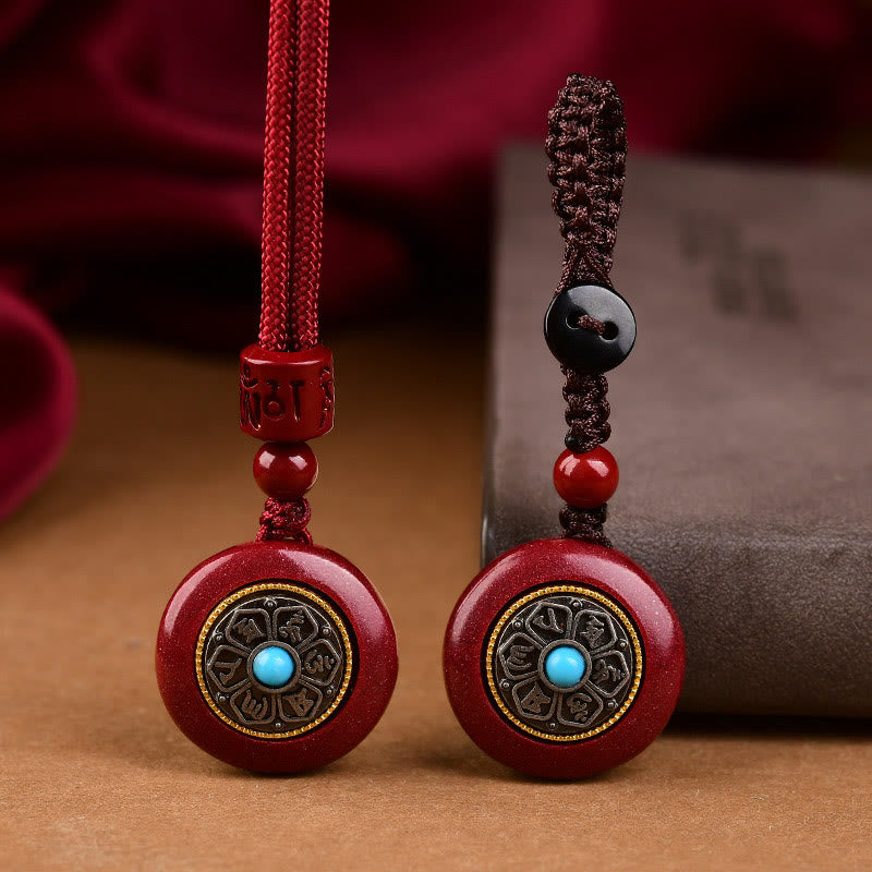 Buddhist Blessing Natural Cinnabar Six True Words 'Om Mani Padme Hum' Braided String Blessing Key Chain Necklace Pendant