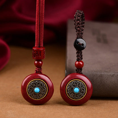 Buddhist Blessing Natural Cinnabar Six True Words 'Om Mani Padme Hum' Braided String Blessing Key Chain Necklace Pendant