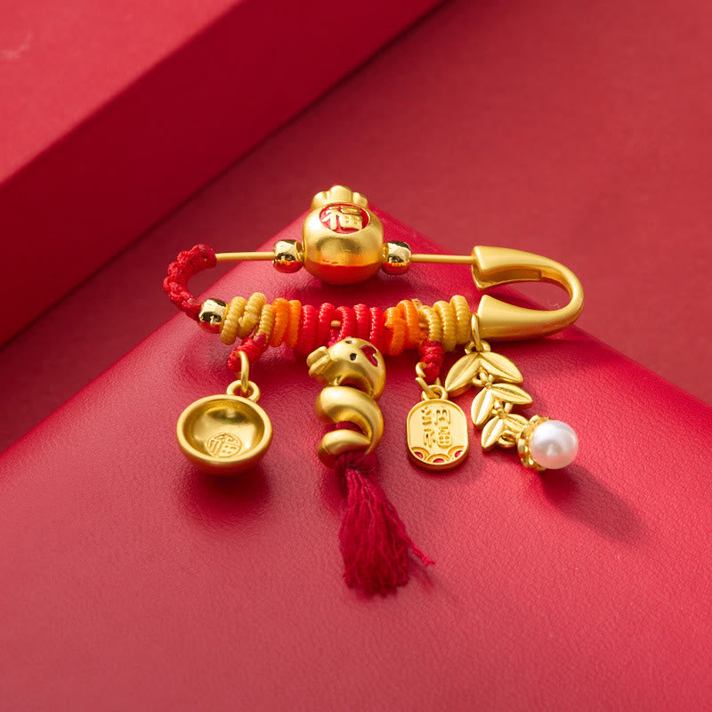 Buddhist Blessing Copper Year Of The Snake Tassels String Spike Fu Bowl Lucky Fortune Bag Brooch