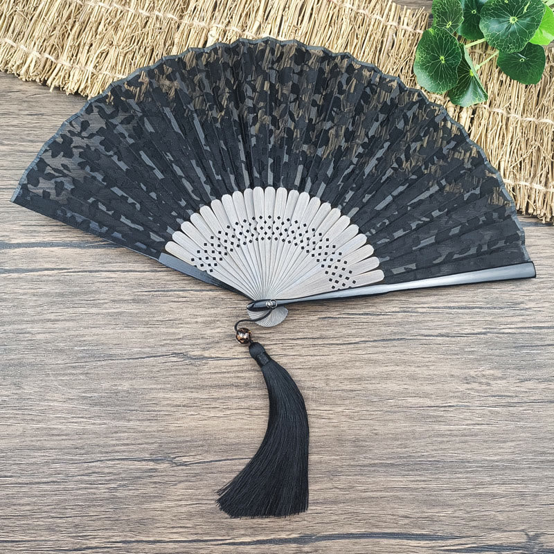 Buddhist Blessing Retro Leaves Flower Silk Handheld Bamboo Folding Fan