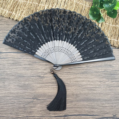 Buddhist Blessing Retro Leaves Flower Silk Handheld Bamboo Folding Fan