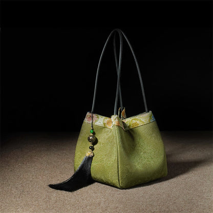 Buddhist Blessing Retro Flower Butterfly Bird Embroidery Bead Tassel Mulberry Silk Jacquard Xiangyunsha Silk Shoulder Bag Hangbags