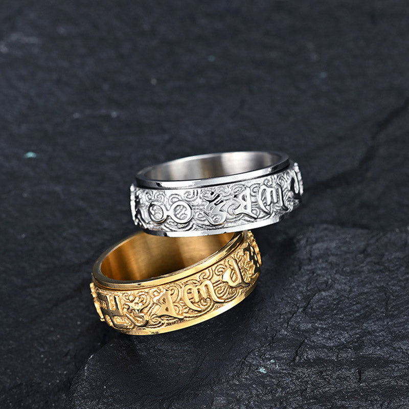 Buddhist Blessing Six True Words Balance Calm Titanium Steel Ring (Extra 30% Off | USE CODE: FS30)