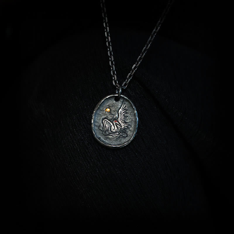 Buddhist Blessing 999 Sterling Silver 24k Gold Crane Auspicious Clouds Balance Necklace Pendant