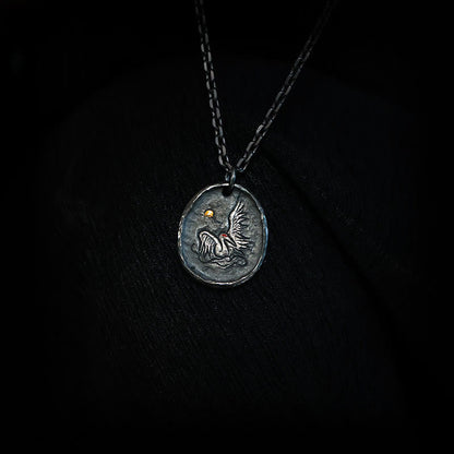 Buddhist Blessing 999 Sterling Silver 24k Gold Crane Auspicious Clouds Balance Necklace Pendant