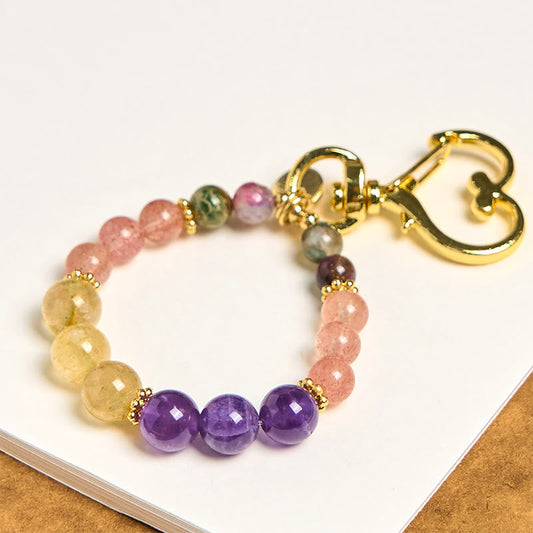 Buddhist Blessing Natural Strawberry Quartz Amethyst Citrine Beads Love Key Chain Hanging Decoration