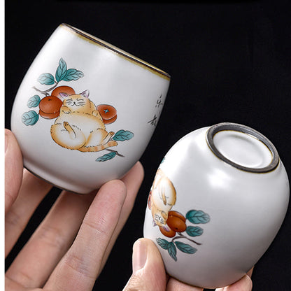 Buddhist Blessing Cute Lying Cat Branches Teacup Kung Fu Tea Cup With Gift Box