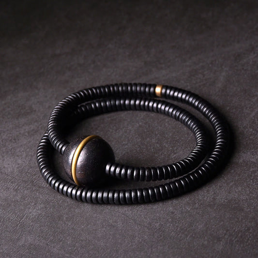 Buddhist Blessing Ebony Wood Copper Brass Balance Ball Cuboid Double Wrap Bracelet Necklace