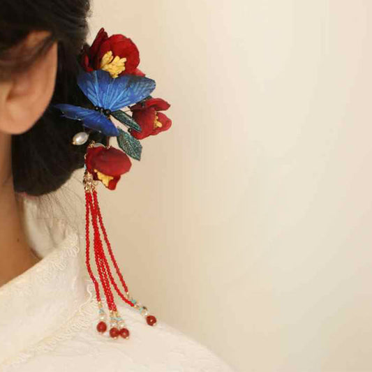 Buddhist Blessing Classical Chinese Style Red Flower Blue Butterfly Hairpin