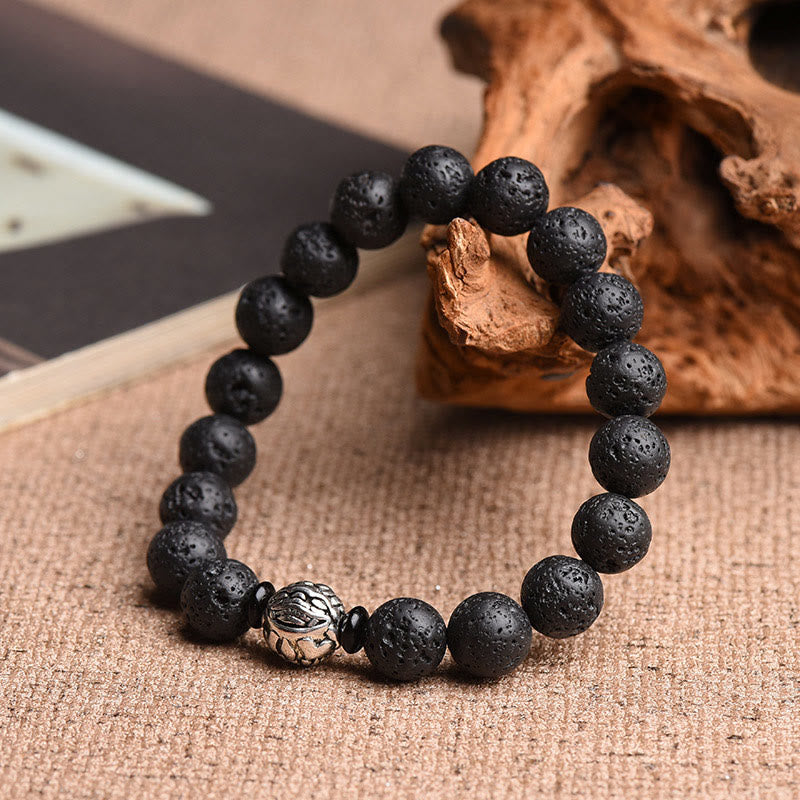 Buddhist Blessing Lava Rock Beads White Copper PiXiu Wealth Bracelet