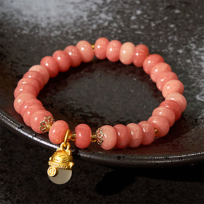 Buddhist Blessing Strawberry Quartz Cyan Jade Lucky Cat Beads Healing Bracelet