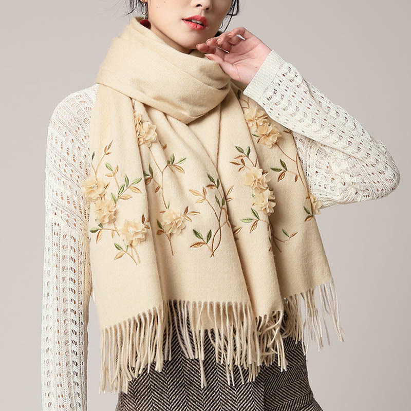 Buddhist Blessing Wool Shawl 3D Floral Embroidery Tassel Winter Cozy Travel Scarf Wrap