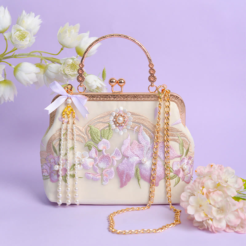 Buddhist Blessing Flowers Embroidered Tassel Pendant Pearl Metal Chain Crossbody Bag Handbags