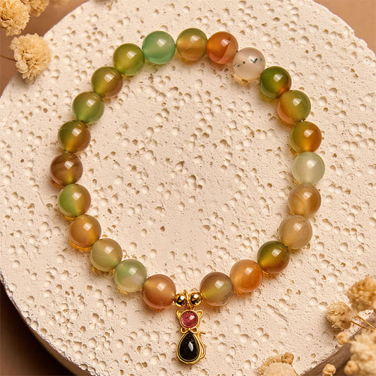 Buddhist Blessing 925 Sterling Silver Tourmaline Cat Natural Peacock Agate Courage Bracelet