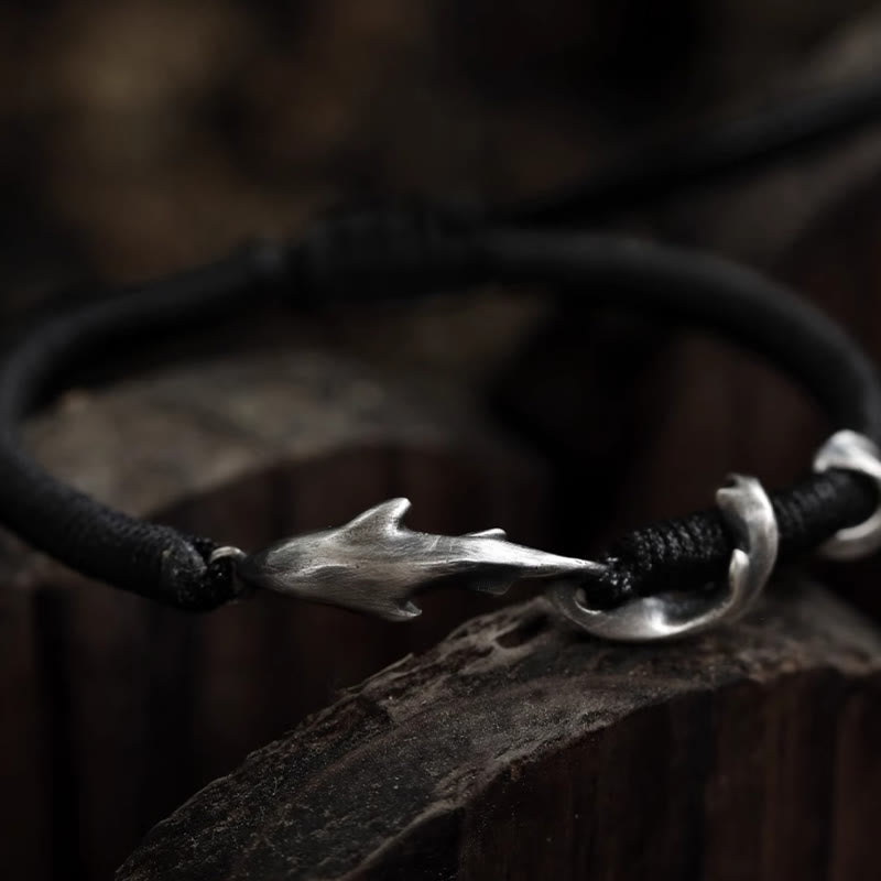Buddhist Blessing 999 Sterling Silver Shark Black Wax Rope Protection Bracelet