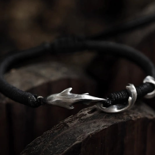 Buddhist Blessing 999 Sterling Silver Shark Black Wax Rope Protection Bracelet