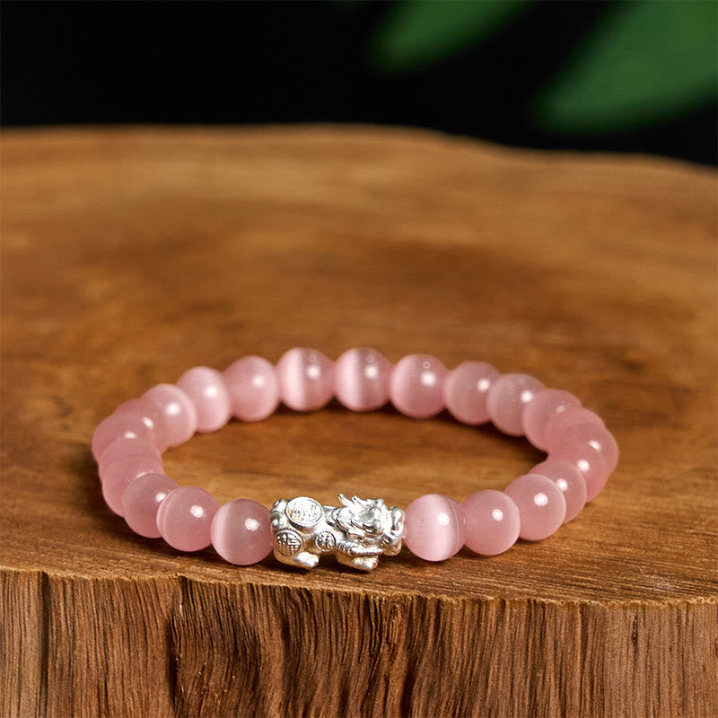 Buddhist Blessing Natural Cat's Eye Beads 990 Sterling Silver Pixiu Positive Bracelet