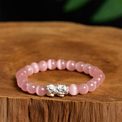 Buddhist Blessing Natural Cat's Eye Beads 990 Sterling Silver Pixiu Positive Bracelet
