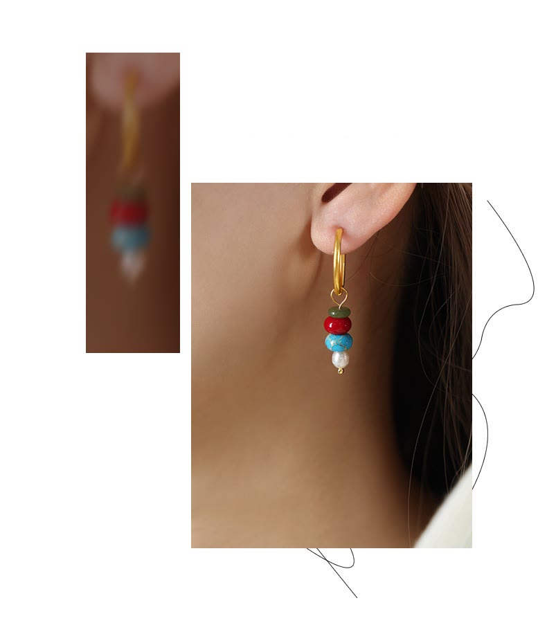 Buddhist Blessing Tibetan Marnyi Stone Design Natural Red Agate Pearl Confidence Titanium Steel Earrings