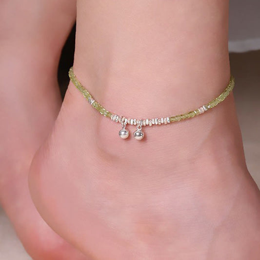 Buddhist Blessing 925 Sterling Silver Peridot Square Beads Peace Anklet