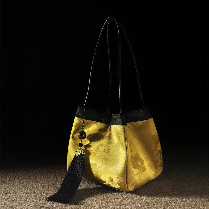 Buddhist Blessing Retro Flower Butterfly Bird Embroidery Bead Tassel Mulberry Silk Jacquard Xiangyunsha Silk Shoulder Bag Hangbags