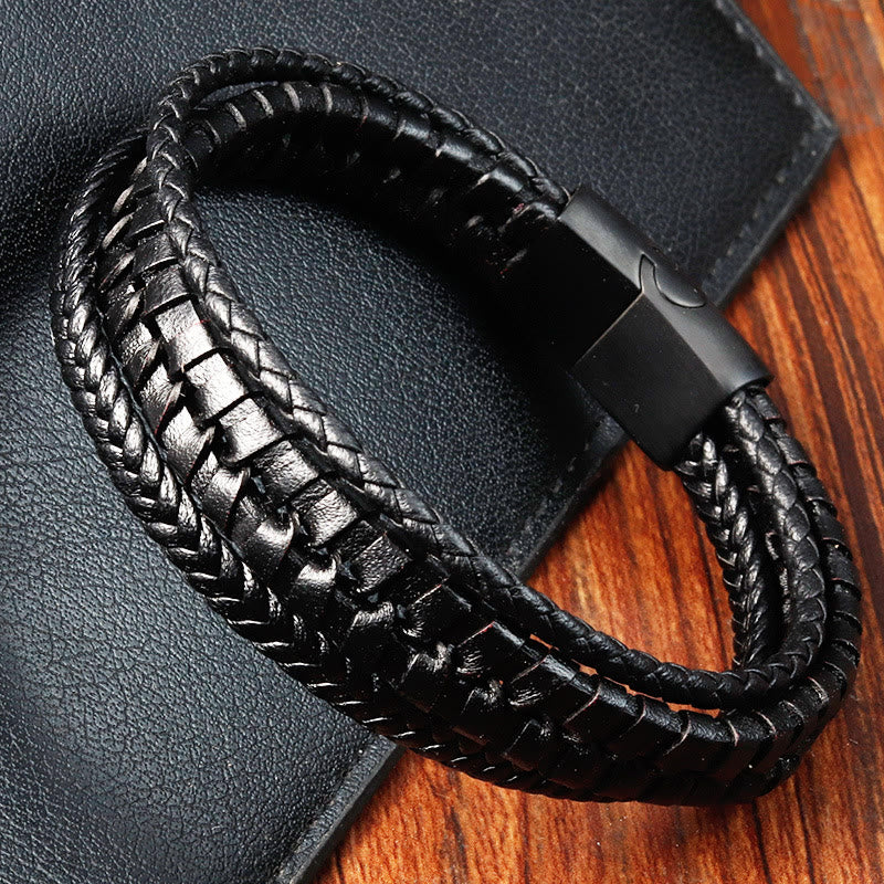 Buddhist Blessing Simple Braided Pattern Titanium Steel Strengthen Multi-layer Leather Buckle Bracelet