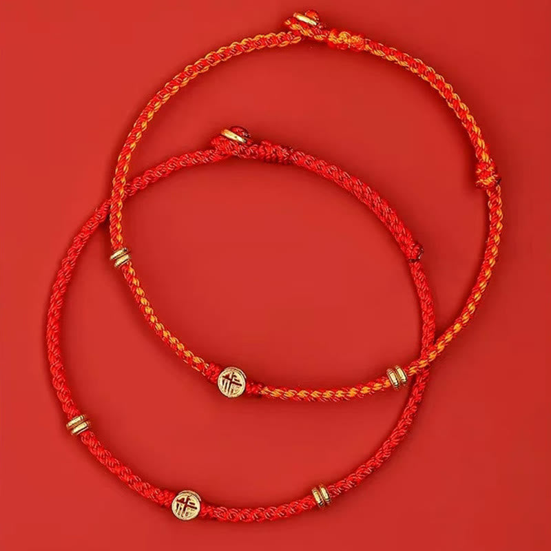 Buddhist Blessing Handmade Braided Red String 925 Sterling Silver Fu Character Luck Bracelet