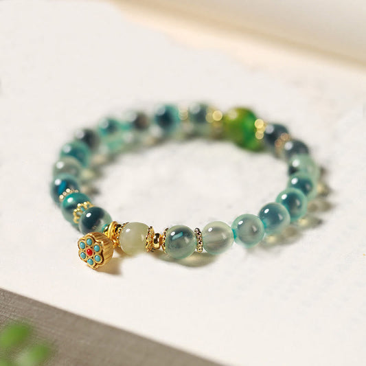 Buddhist Blessing Natural Colorful Candy Agate Golden Lotus Pod Healing Bracelet