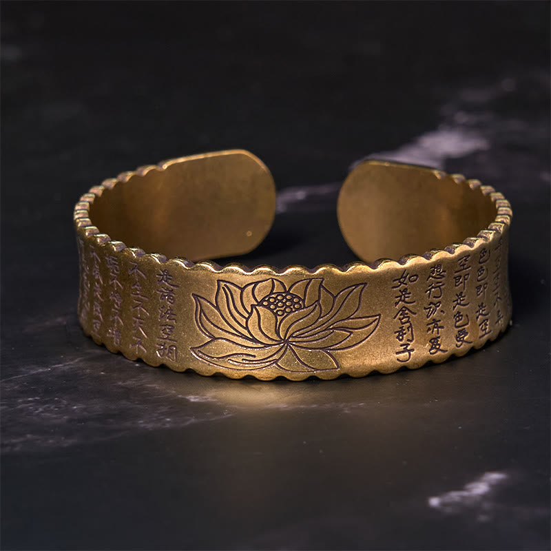 Buddhist Blessing Heart Sutra Lotus Flower Copper Brass Peace Enlightenment Cuff Bracelet Bangle