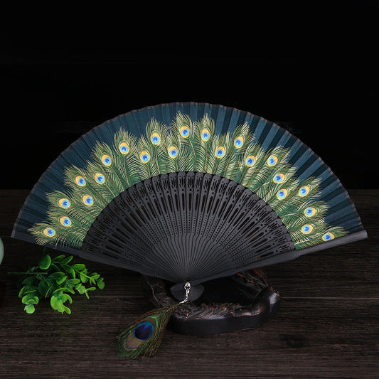 Buddhist Blessing Peacock Feather Handheld Bamboo Folding Fan 21.5cm