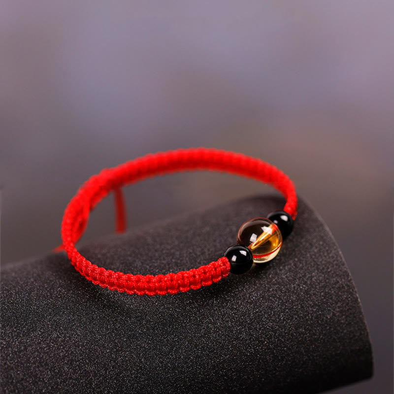 Buddhist Blessing Handcrafted Citrine Black Obsidian Bead King Kong Knot Peace Knot Luck Rope Bracelet