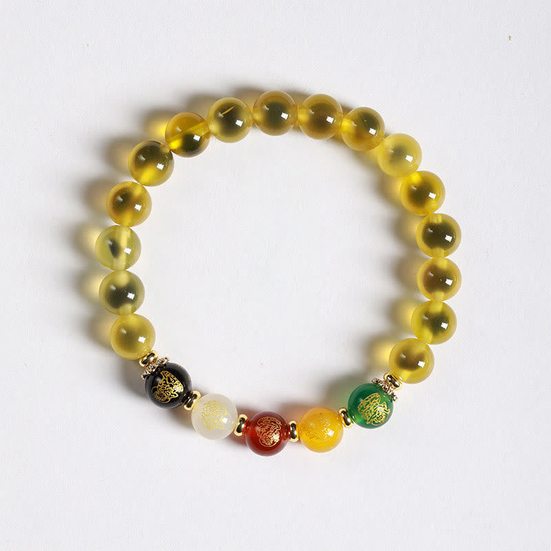 Buddhist Blessing Natural Colorful Candy Agate Five Gods Of Wealth Harmony Bracelet