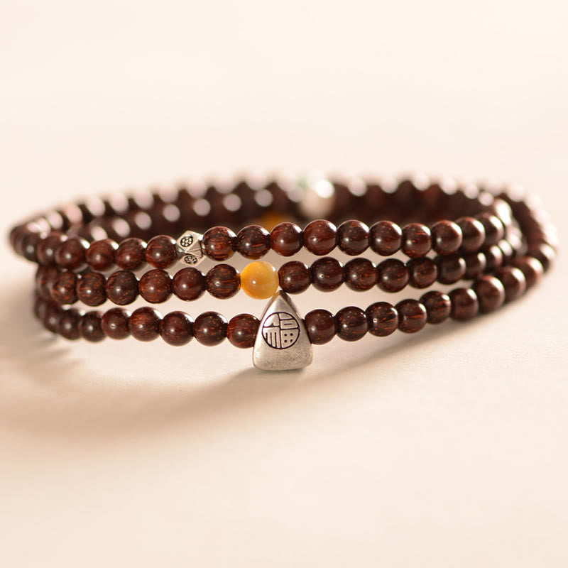 Buddhist Blessing 925 Sterling Silver Indian Small Leaf Red Sandalwood Fu Character Protection Triple Wrap Bracelet