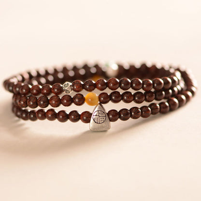 Buddhist Blessing 925 Sterling Silver Indian Small Leaf Red Sandalwood Fu Character Protection Triple Wrap Bracelet