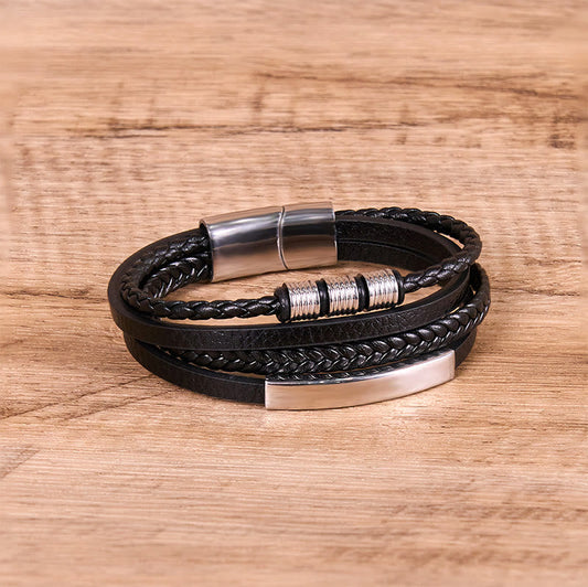 Buddhist Blessing Fashion Titanium Steel Leather Hand Woven Magnetic Buckle Strengthen Bracelet