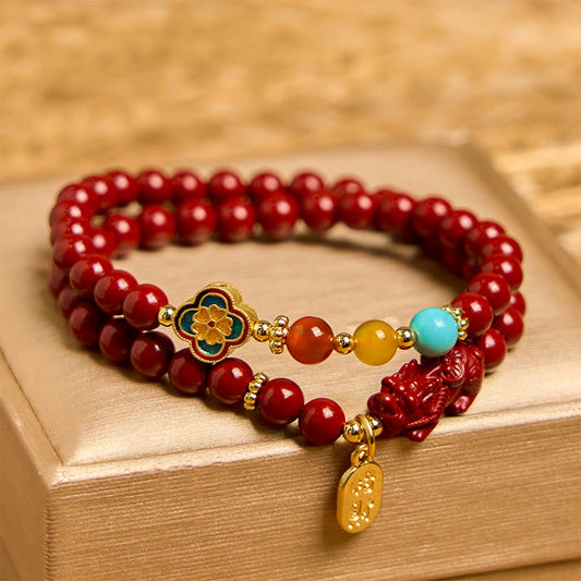 Buddhist Blessing Cinnabar PiXiu Fu Character Blessing Double Wrap Bracelet