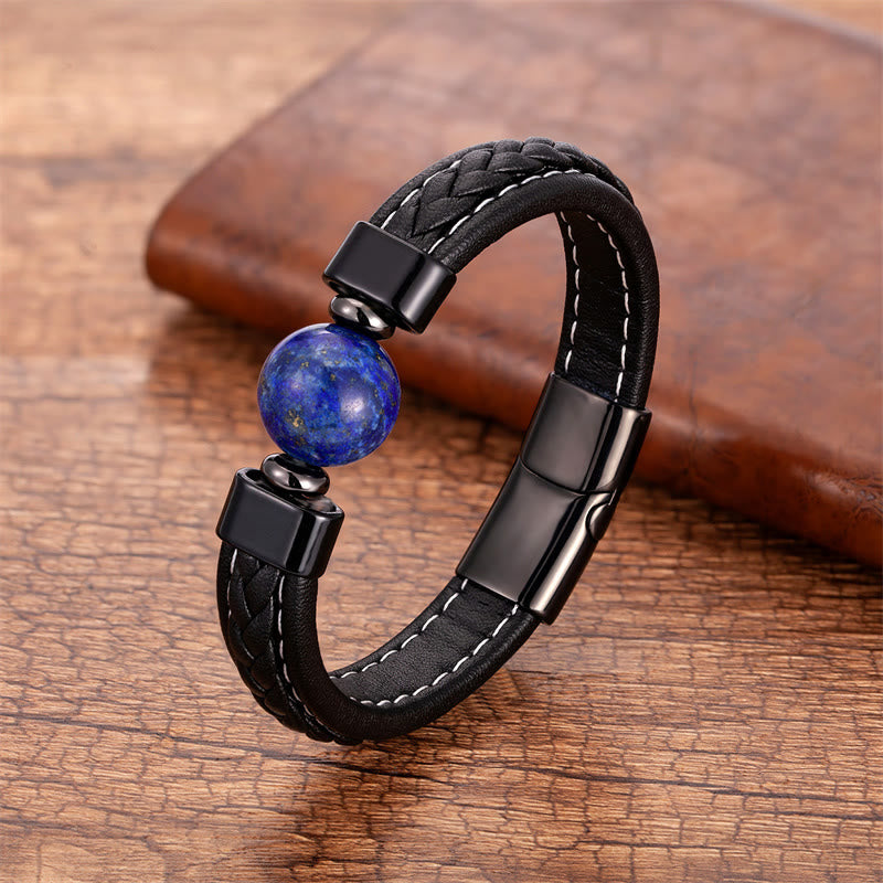 Buddhist Blessing Lazurite Black Onyx Tiger Eye Lava Rock Om Mani Padme Hum Serenity Leather Bracelet