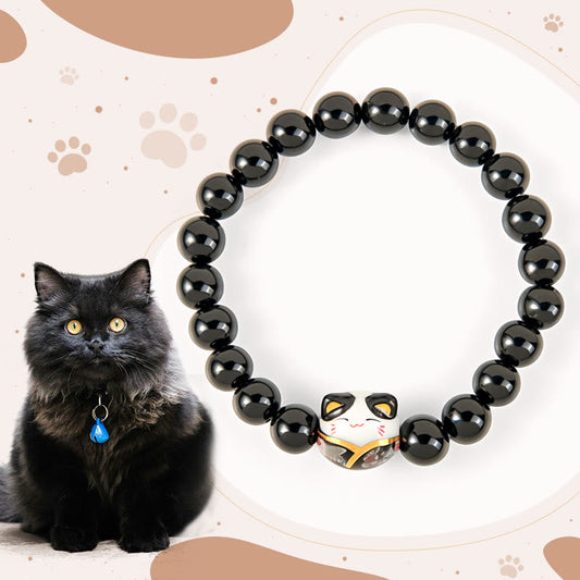 Buddhist Blessing Black Cat Natural Black Onyx Ceramic Kitten Fortune Bracelet