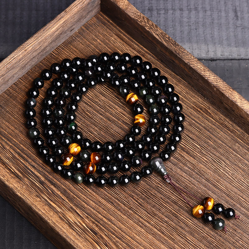 Buddhist Blessing 108 Mala Beads Black Obsidian lce Obsidian Fulfilment Bracelet