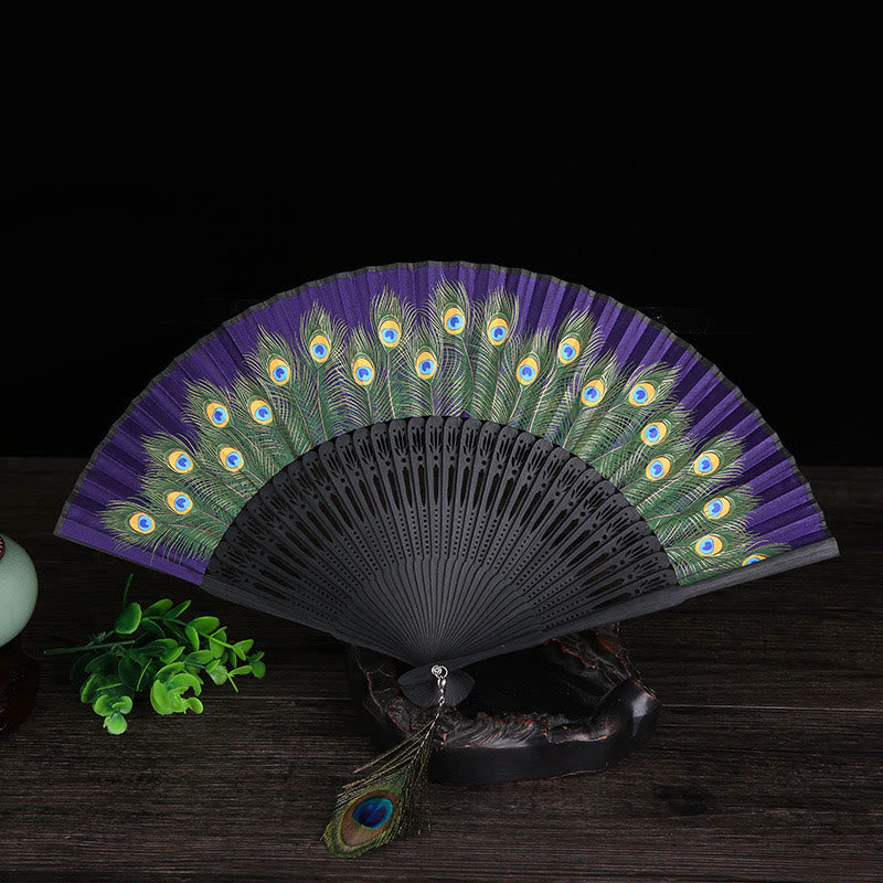 Buddhist Blessing Peacock Feather Handheld Bamboo Folding Fan 21.5cm