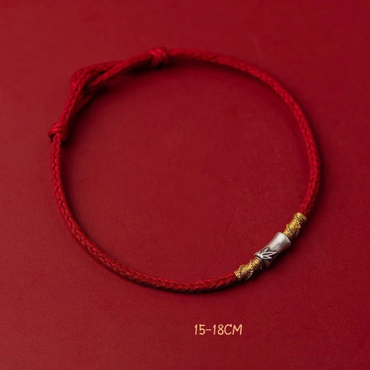 Buddhist Blessing Handmade 925 Sterling Silver Bamboo Design Red String Luck Braided Bracelet