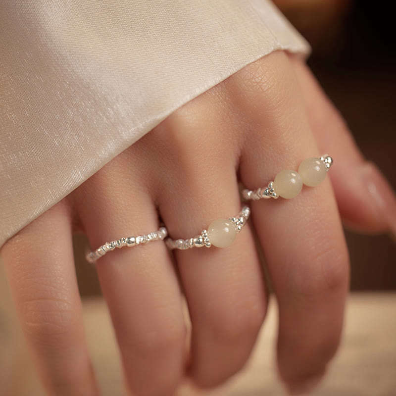 Buddhist Blessing 925 Sterling Silver Natural Small Hetian Jade Bead Luck Elastic Ring