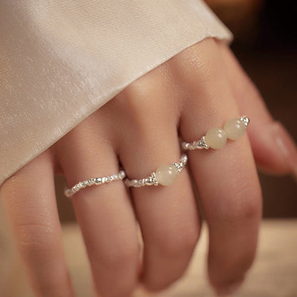 Buddhist Blessing 925 Sterling Silver Natural Small Hetian Jade Bead Luck Elastic Ring