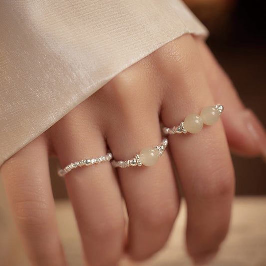 Buddhist Blessing 925 Sterling Silver Natural Small Hetian Jade Bead Luck Elastic Ring