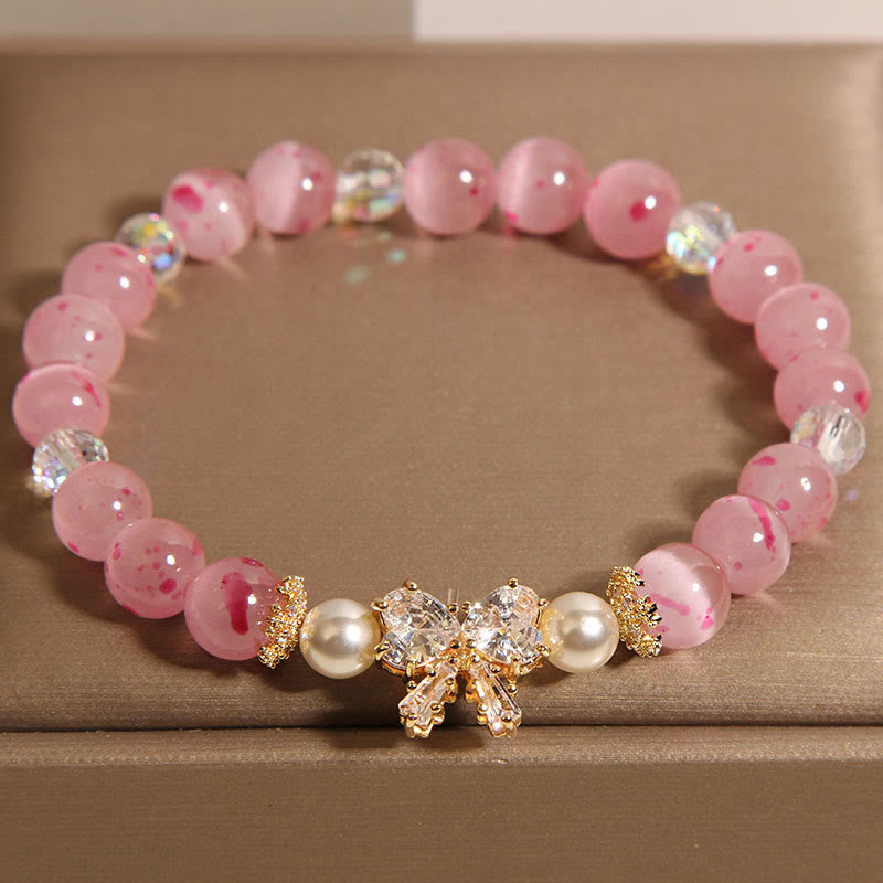 Buddhist Blessing Cherry Blossom Pink Cat's Eye Pearl Bow-knot Rosette Support Bracelet